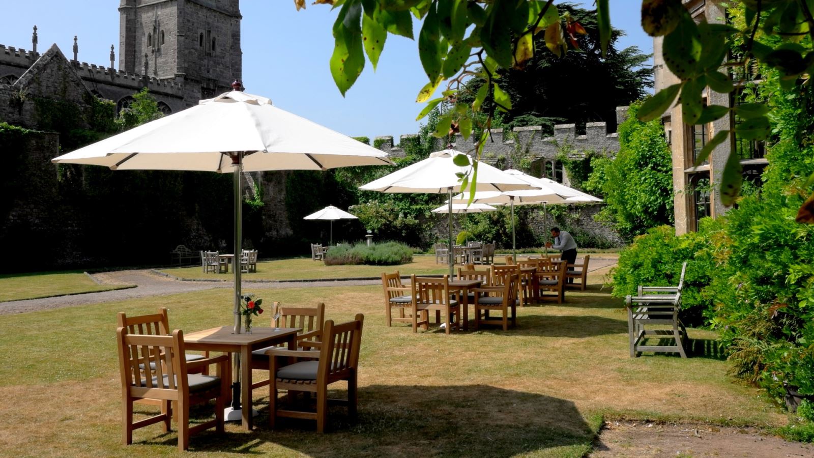 Outdoor tables on the grounds at Thornbury Castle