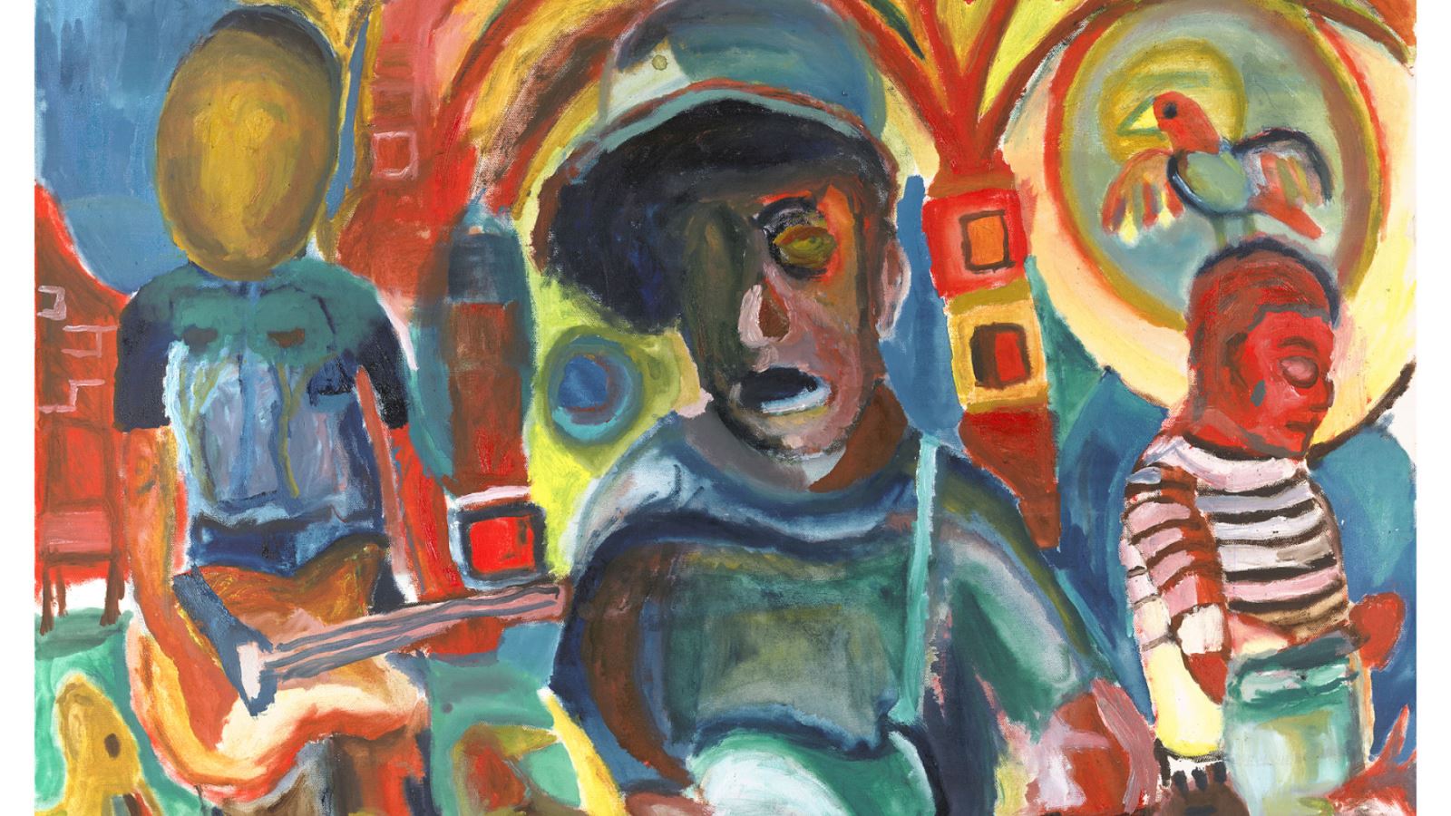 Part of a painting depicting musicians in Bristol. The image uses bright colours and broad strokes and is by artist Jeff Johns.