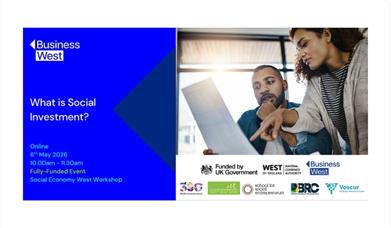 Infographic of people looking at a piece of paper and featuring date, place, and time of the event