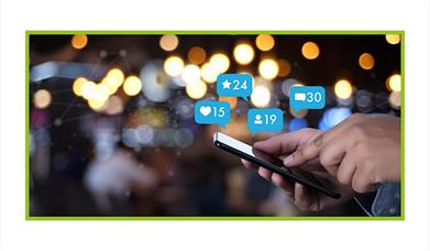 Graphic of someone holding a phone and social media content updates