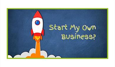 image of a rocket taking off and the text "start my own business?"