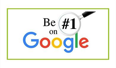 graphic with the text be #1 on Google with a magnifying glass zooming into the #1