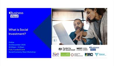 Infographic of people looking at a piece of paper and featuring date, place, and time of the event