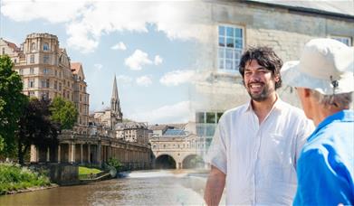 Jules talking with tourists photoshopped alongside an image of Pulteney Bridge