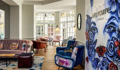 Hotel reception with bright furnishings