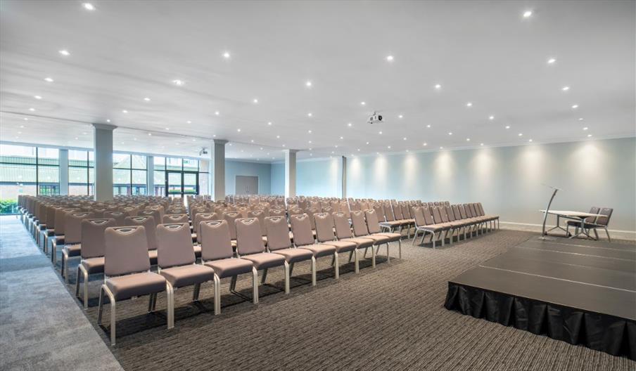 Large meeting room set up in theatre style at the Holiday Inn Bristol Filton.