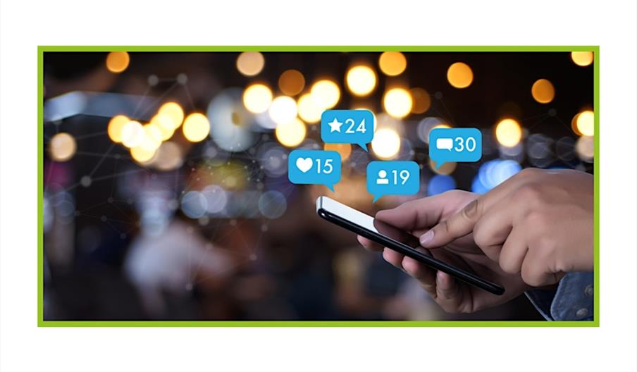 Graphic of someone holding a phone and social media content updates