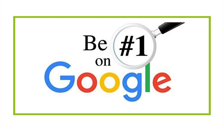graphic with the text be #1 on Google with a magnifying glass zooming into the #1