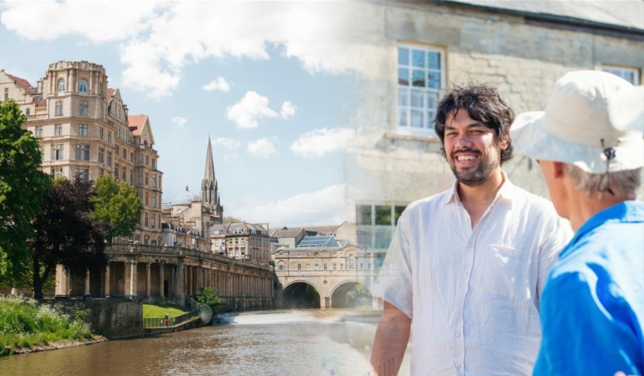 Jules talking with tourists photoshopped alongside an image of Pulteney Bridge