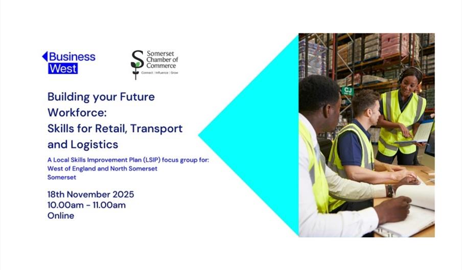 Infographic featuring the event name, the time, and a photo of people talking in a warehouse