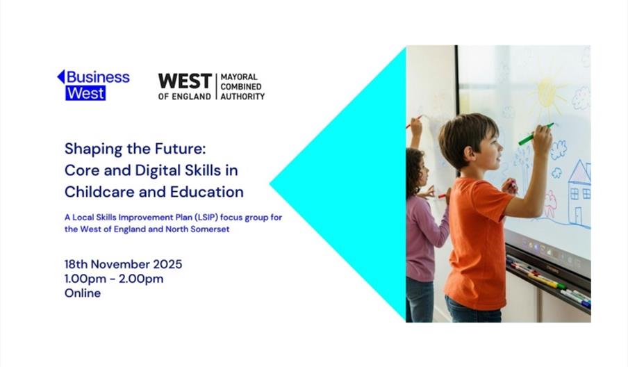 Infographic featuring the event name, the time, and a photo of children drawing on a whiteboard