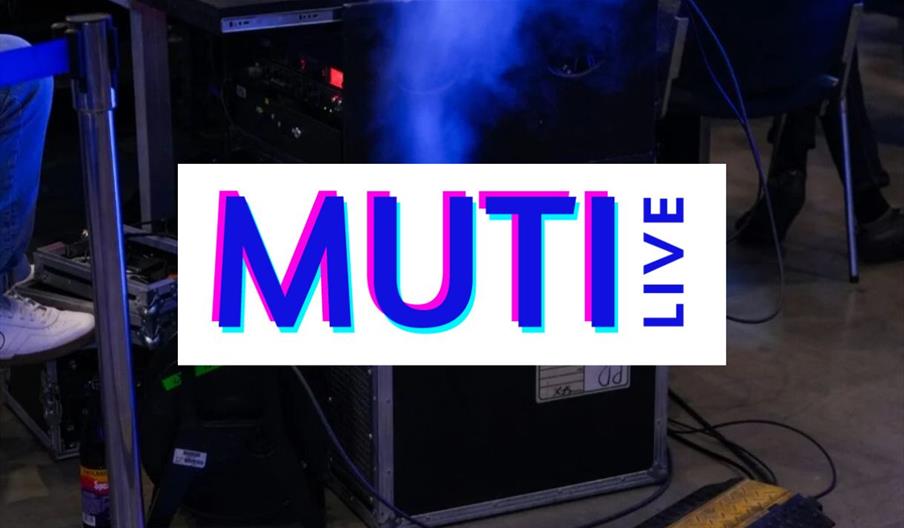 Events tech equipment, set behind the "MUTI Live" logo in a white rectangle.
