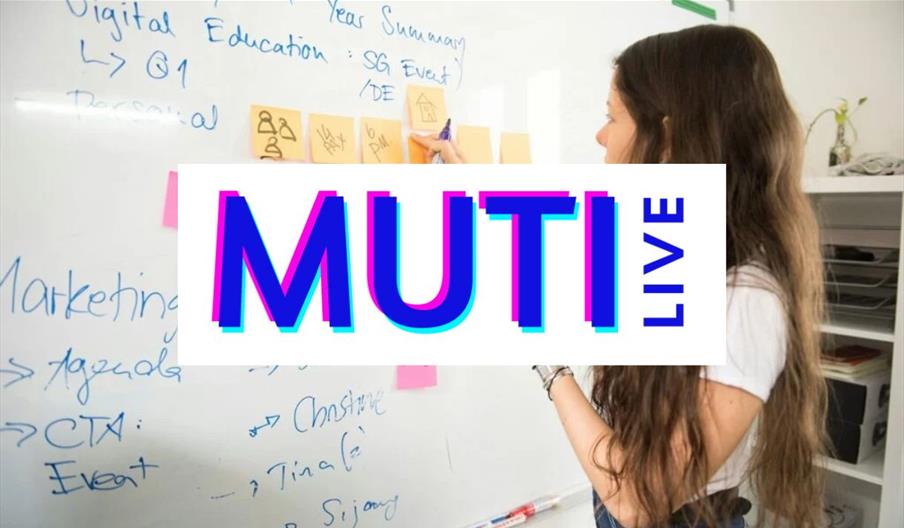A woman writing on post-it notes stuck to a whiteboard, set behind the "MUTI Live" logo in a white rectangle.