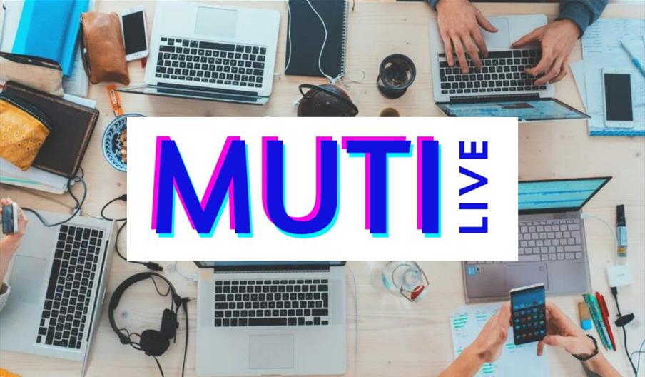 An overhead shot of several laptops, mobile phones and headsets on a table, set behind the "MUTI Live" logo in a white rectangle.
