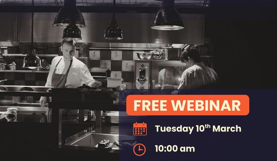 A greyscale image of two employees working a commercial kitchen. Text overlay reads "Free Webninar" followed by the event date and time.