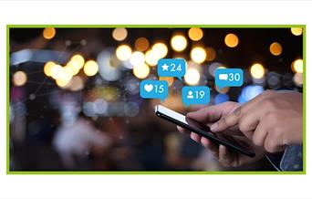 Graphic of someone holding a phone and social media content updates