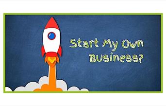 image of a rocket taking off and the text "start my own business?"