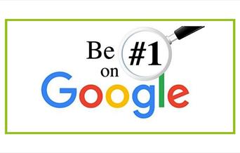 graphic with the text be #1 on Google with a magnifying glass zooming into the #1