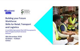 Infographic featuring the event name, the time, and a photo of people talking in a warehouse