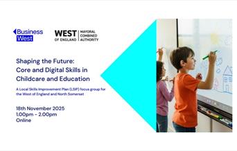 Infographic featuring the event name, the time, and a photo of children drawing on a whiteboard