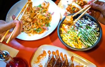 Noodle dishes, riche dishes, and hands holding chopsticks full of food.