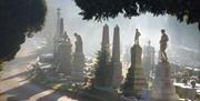 A hazy morning view of funerary sculptures at Arnos Vale Cemetery