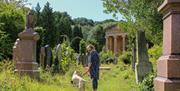 A woman walking a dog at Arnos Vale Cemetery
