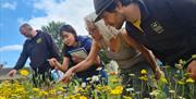 People inspecting flowers