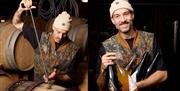 Collage. Adam at Saddle Goose works on a wine barrel (left) and holds a selection of bottled Saddle Goose wines while smiling to the camera (right)