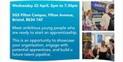 Details for the event, with two images of recruitment fair attendees to the right
