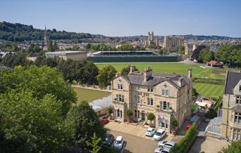 Aerial view of hotel and city of Bath